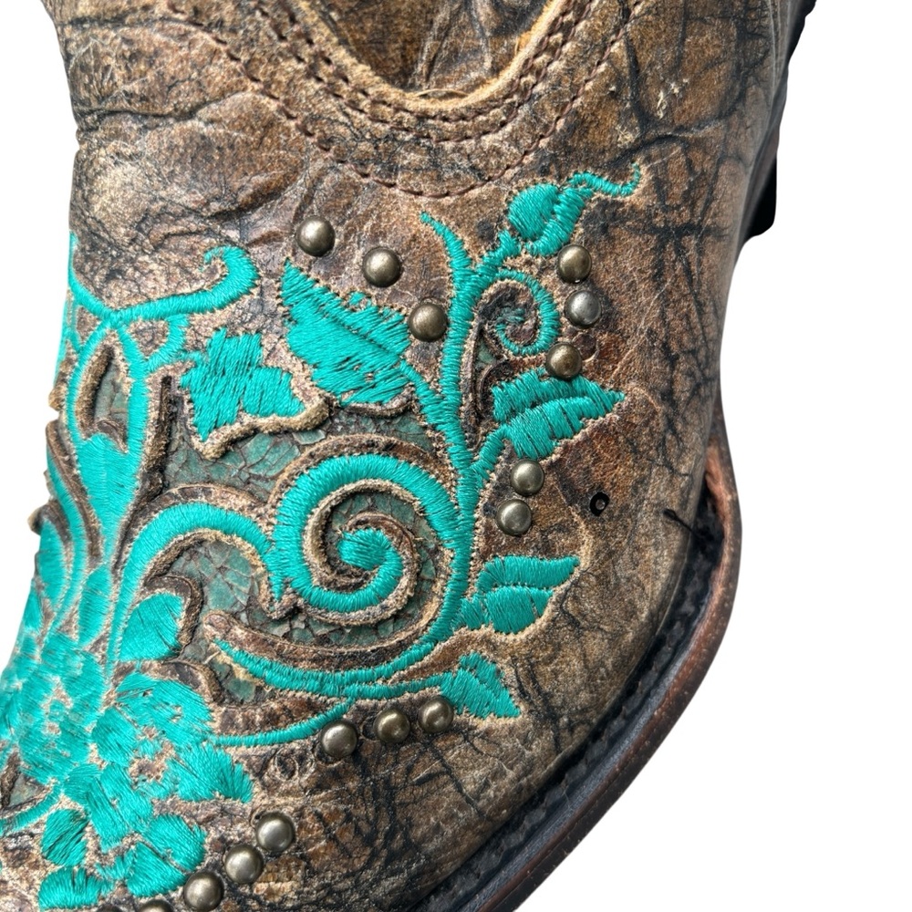 CORRAL Boots Dark Antique Saddle Floral  Turquoise Inlay & Studs 6.5 - Picture 9 of 16